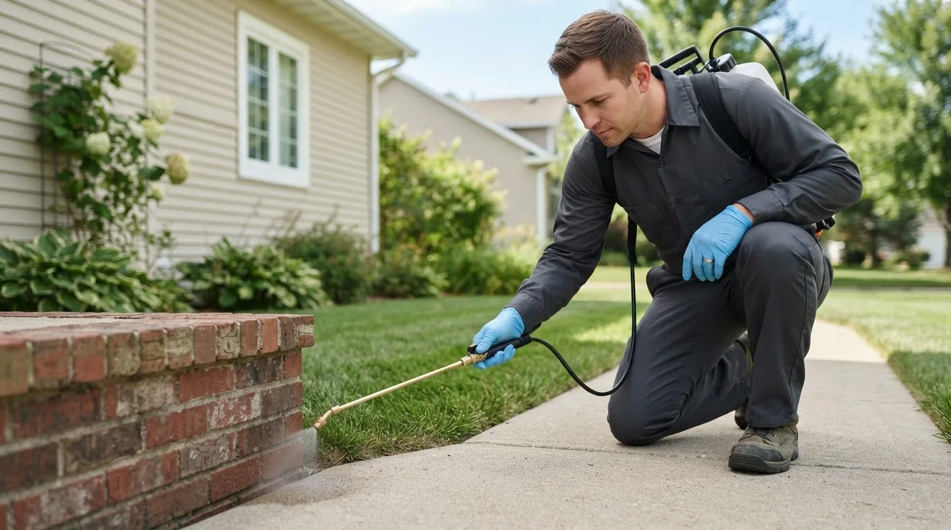 Pest control technician treating a home near Martinsville, OH