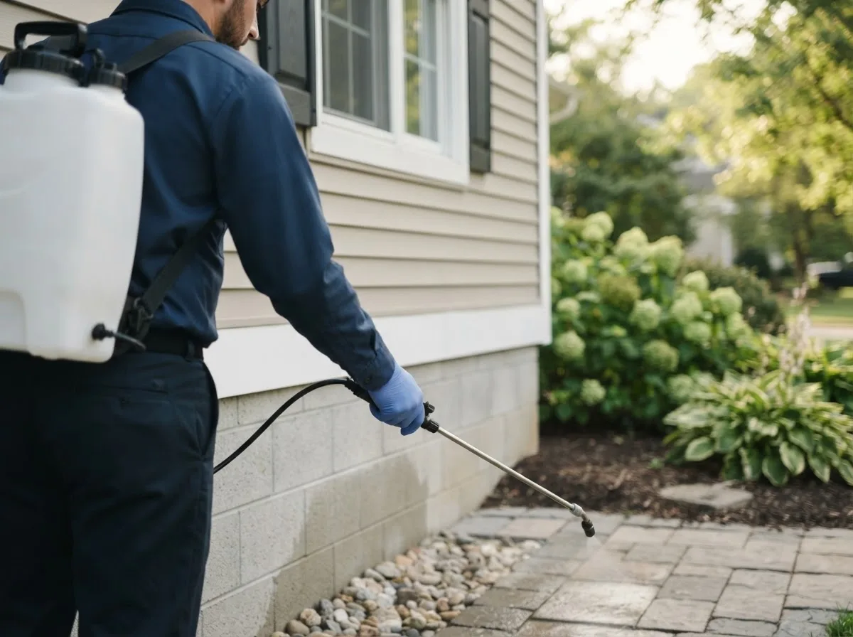 Pest control technician inspecting a home in Martinsville, OH